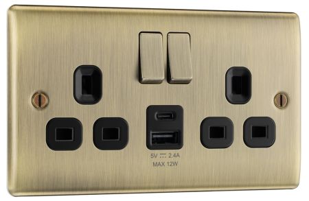 BG Nexus Metal Antique Brass 13A Socket with 12W USB Type A + C | NAB22UAC12B