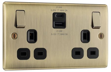 BG Nexus Metal Antique Brass 13A Socket with 22W USB Type A + C | NAB22UAC22B