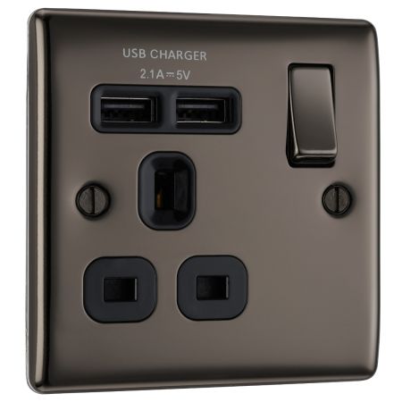 BG Nexus Metal Black Nickel 13A 1 Gang Switched Plug Socket + 2 USB (2.1A) | NBN21UB