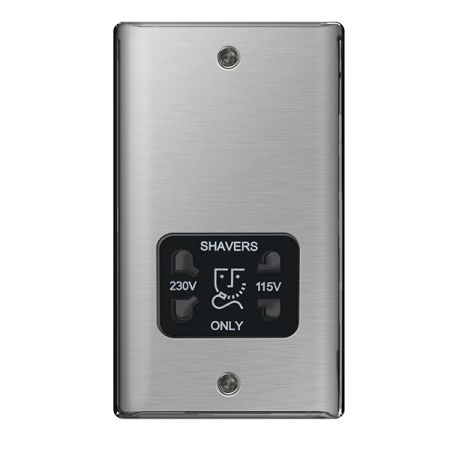 BG Nexus Metal Brushed Stainless Steel 115/230V Dual Voltage Shaver Socket Black Insert | NBS20B