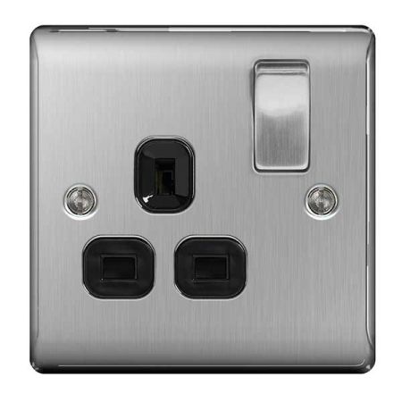 BG Nexus Metal Brushed Steel 13A 1 Gang Switched Plug Socket Black Insert | NBS21B
