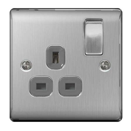 BG Nexus Metal Brushed Steel 13A 1 Gang Switched Plug Socket Grey Insert | NBS21G