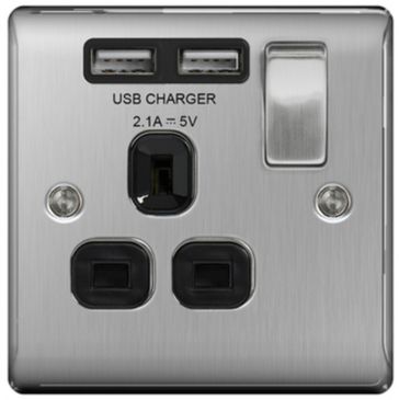 BG Nexus Metal Brushed Steel 13A 1 Gang Switched Socket + 2 USB Black Insert | NBS21U2B