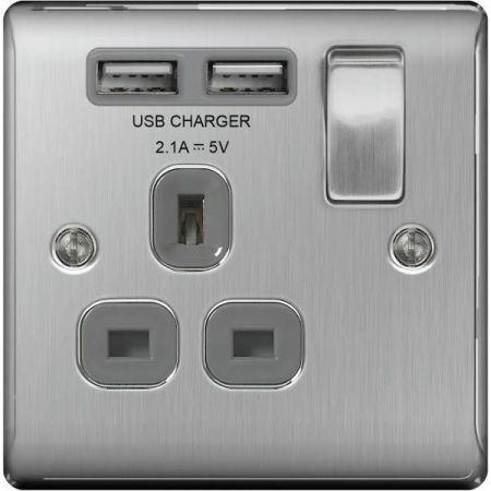 BG Nexus Metal Brushed Steel 13A 1 Gang Switched Plug Socket + 2 USB (2.1A) Grey Insert | NBS21U2G