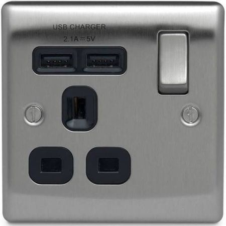 BG Nexus Metal Brushed Steel 13A 1 Gang Switched Plug Socket + 2 USB (2.1A) Black Insert | NBS21UB