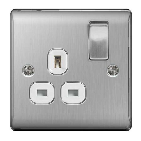 BG Nexus Metal Brushed Steel 13A 1 Gang Switched Plug Socket White Insert | NBS21W