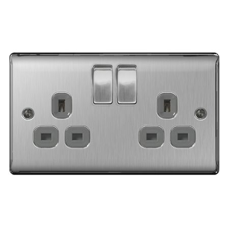 BG Nexus Metal Brushed Steel 13A 2 Gang Switched Plug Socket Grey Insert | NBS22G