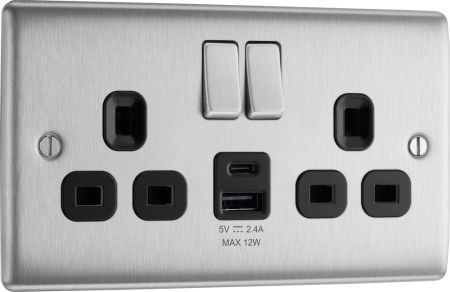 BG Nexus NBS22UAC12B Brushed Steel Double Socket with 12W USB A+C Charging Black Insert