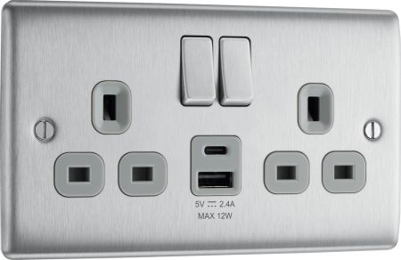 BG Nexus NBS22UAC12G Brushed Steel Double Socket with 12W USB A+C Charging Grey Insert