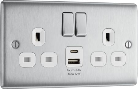 BG Nexus NBS22UAC12W Brushed Steel Double Socket with 12W USB A+C Charging White Insert