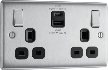 BG Nexus NBS22UAC22B Brushed Steel Double Socket with 22W USB A+C Charging Black Insert