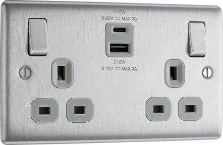 BG Nexus NBS22UAC22G Brushed Steel Double Socket with 22W USB A+C Charging Grey Insert
