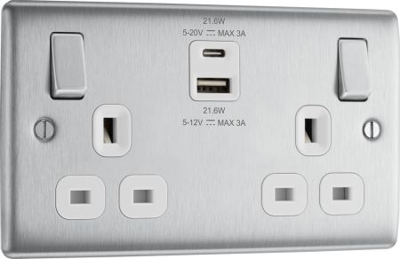 BG Nexus NBS22UAC22W Brushed Steel Double Socket with 22W USB A+C Charging White Insert