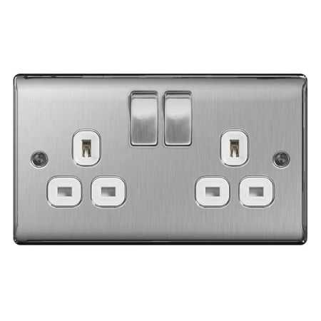 BG Nexus Metal Brushed Steel 13A 2 Gang Switched Plug Socket White Insert | NBS22W