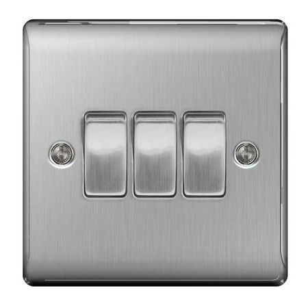 BG Nexus Metal Brushed Stainless Steel Single 3 Gang 2 Way Light Switch | NBS43