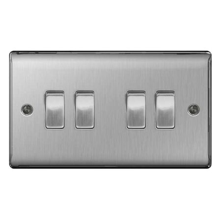 BG Nexus Metal Brushed Stainless Steel Single 4 Gang 2 Way Light Switch | NBS44