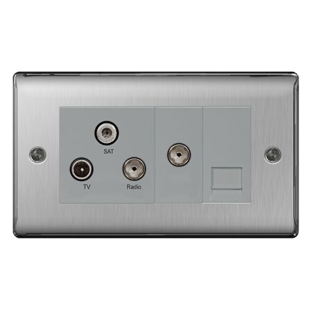 BG Nexus Metal Brushed Stainless Steel Triplex TV/FM/Sat + Return & 1 Gang Telephone | NBS68
