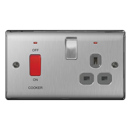 BG Nexus Metal Brushed Stainless Steel 45A Cooker Switch & 13A Plug Socket Grey Insert | NBS70G