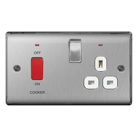 BG Nexus Metal Brushed Stainless Steel 45A Cooker Switch & 13A Plug Socket White Insert | NBS70W