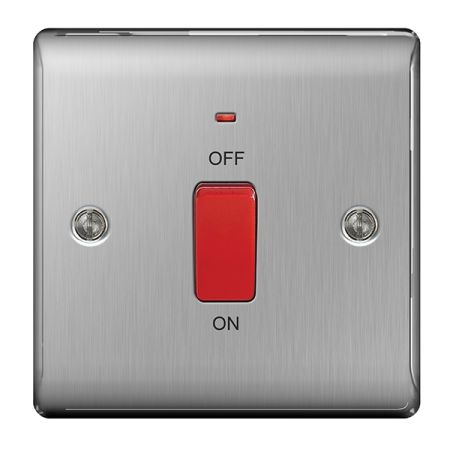 BG Nexus Metal Brushed Stainless Steel 45A Single Cooker Switch with Power Indicator | NBS74