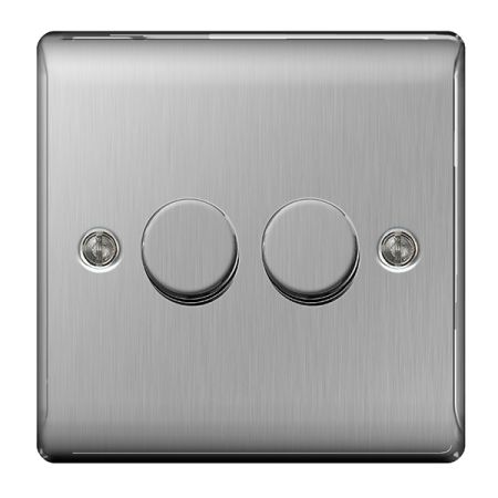 BG Nexus Metal Brushed Steel 2 Gang 2 Way Trailing Edge 200W Dimmer Switch | NBS82