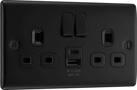 BG Nexus NFB22UAC12B Matt Black Double Socket with 12W USB A+C Charging