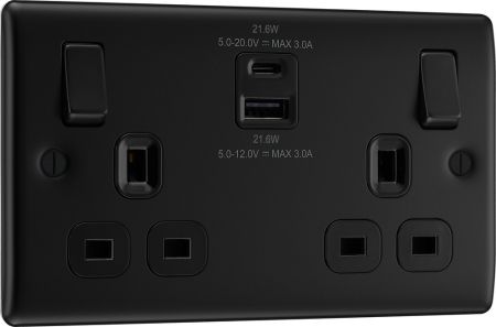 BG Nexus NFB22UAC22B Matt Black Double Socket with 22W USB A+C Charging