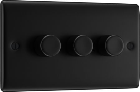 BG Nexus Metal Matt Black 3-Gang 200W 2-Way Push On-Off Intelligent LED Dimmer | NFB83