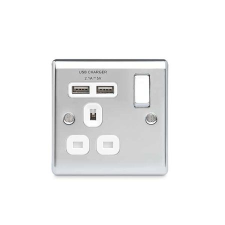 BG Nexus Metal Polished Chrome 13A 1 Gang Switched Plug Socket + 2 USB (2.1A) | NPC21U2W