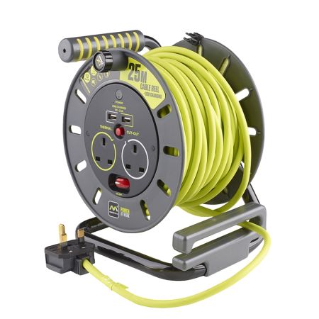 Masterplug Pro-XT 25M Open Reel 4 Socket Extension Reel With USB Charging