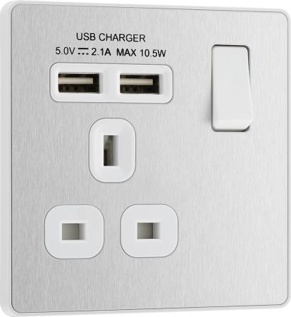 BG Evolve PCDBS21U2W 13A Single Switched Power Socket + 2xUSB(2.1A) - Brushed Steel