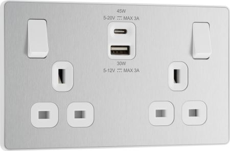 BG Evolve PCDBS22UAC45W 13A Double Switched Power Socket + USB A+C (45W) - Brushed Steel