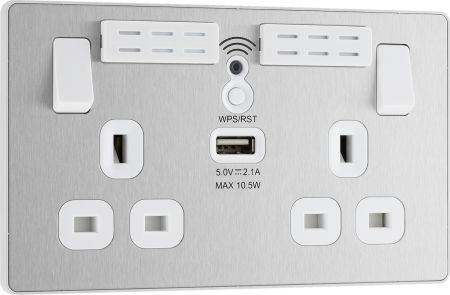 BG Evolve PCDBS22UWRW 13A Double Switched Power Socket + WiFi Extender + 1xUSB(2.1A) - Brushed Steel