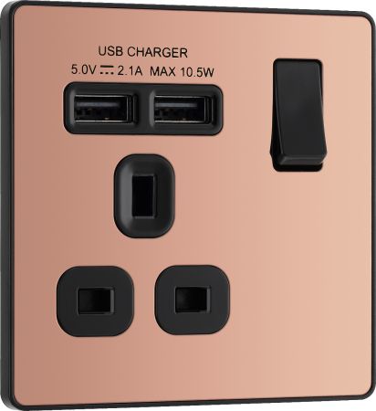 BG Evolve Polished Copper Single Switched Socket Outlet & Dual USB Chargers | PCDCP21U2B