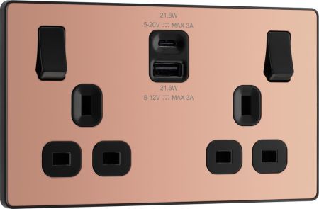 BG Evolve PCDCP22UAC22B Polished Copper13A Double USB Socket with 22W USB A+C Charging
