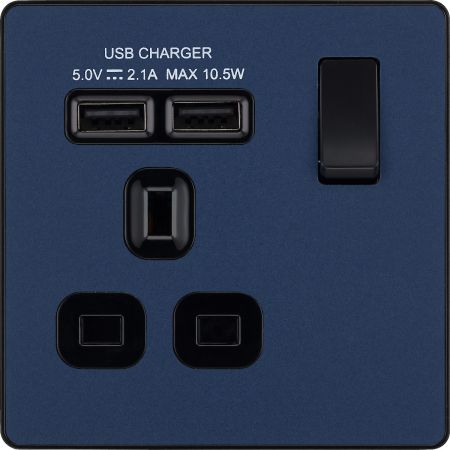 BG Evolve Matt Blue Single Switched Socket Outlet & Dual USB Chargers | PCDDB21U2B