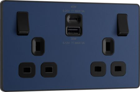 BG Evolve PCDDB22UAC45B Matt Blue Double Socket with 45W USB A+C Fast Charging