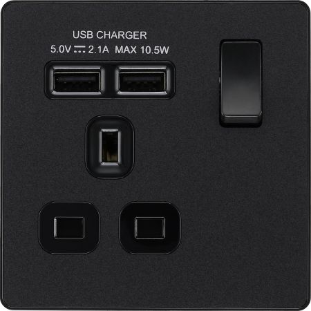 BG Evolve Matt Black Single Switched Socket Outlet & Dual USB Chargers | PCDMB21U2B