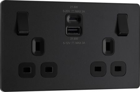 BG Evolve PCDMB22UAC22B Matt Black 13A Double USB Socket with 22W USB A+C Charging