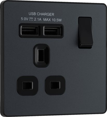 BG PCDMG21U2B Matt Grey Evolve 1 Gang 13A 2x USB-A 2.1A Switched Socket Outlet - Black Insert