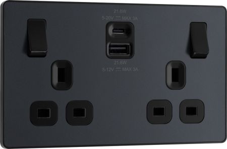 BG Evolve PCDMG22UAC22B 13A Double Switched Power Socket + USB A+C (22W) - Matt Grey