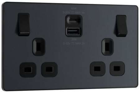 BG Evolve PCDMG22UAC45B 13A Double Switched Power Socket + USB A+C (45W) - Matt Grey