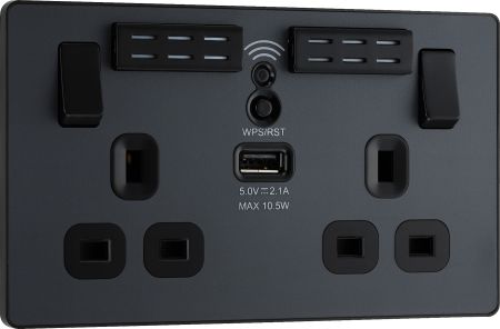 BG Evolve PCDMG22UWRB 13A Double Switched Power Socket + WiFi Extender + 1xUSB(2.1A) - Matt Grey