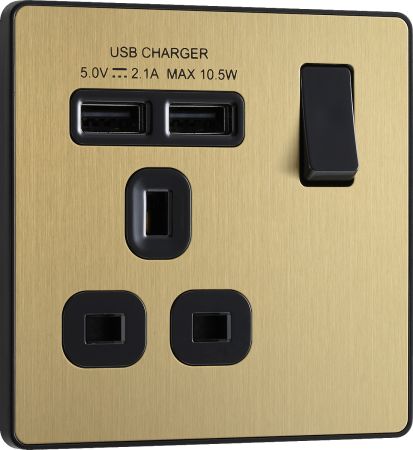 BG Evolve Satin Brass 13A Single USB Socket | PCDSB21U2B