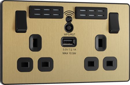 BG Evolve Satin Brass WiFi Extender with 13A double USB Socket | PCDSB22UWRB