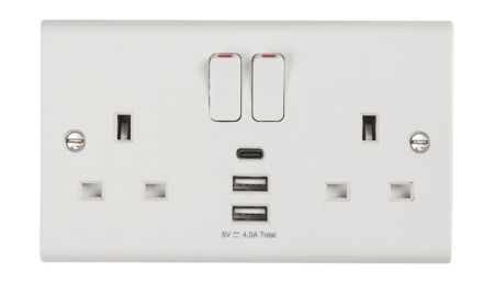 Deta Slimline 13A 2G Socket with 3 USB (1 x Type C + 2 x Type A, 4.0A) | S1288