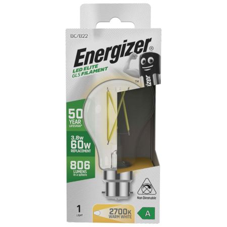 Energizer LED Elite A-Rated GLS B22 Filament 806lm 3.8W 2700K Warm White | S29630