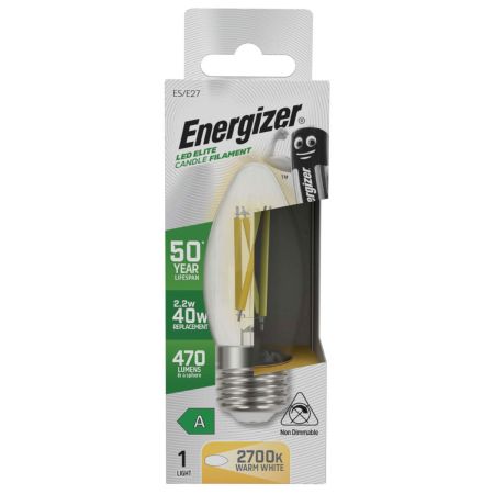 Energizer LED Elite A-Rated Candle E27 Filament 470lm 2.2W 2700K Warm White | S29636