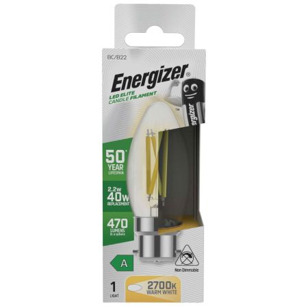 Energizer LED Elite A-Rated Candle B22 Filament 470lm 2.2W 2700K Warm White | S29638
