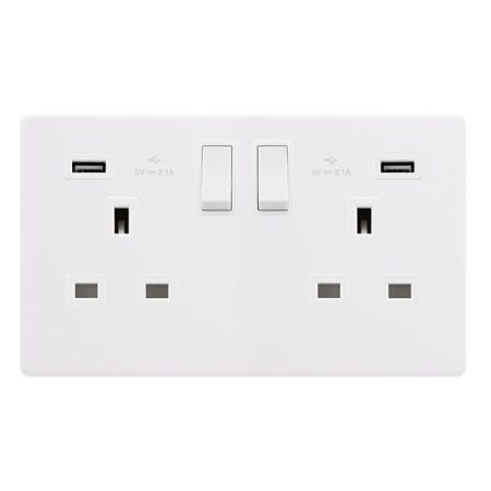 Click Definity White Screwless 13A Ingot 2 Gang Switched Socket With 2.1A USB | SFPW780PW